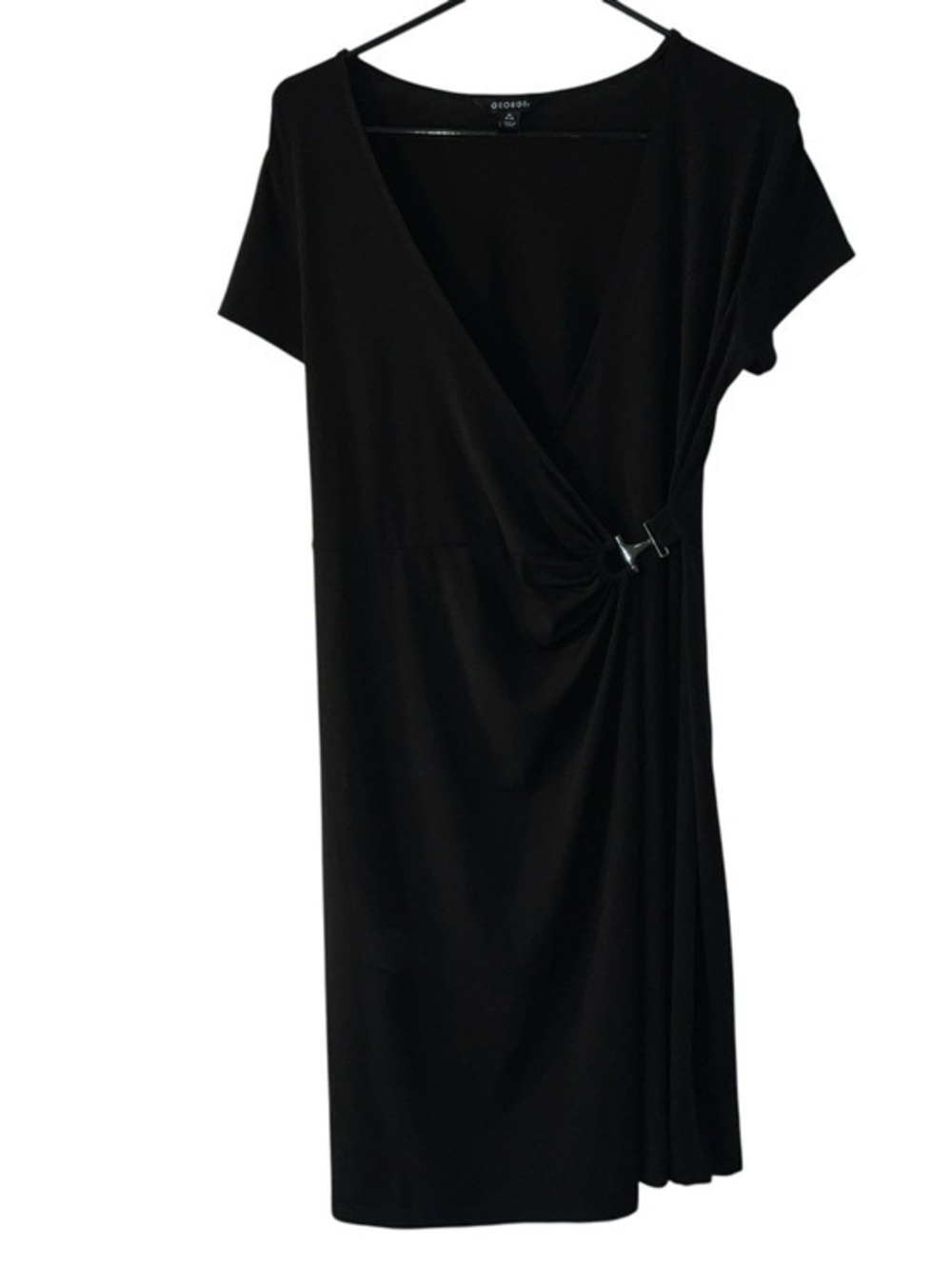 George Black Faux-Wrap Midi Dress with Side Buckle Detail
